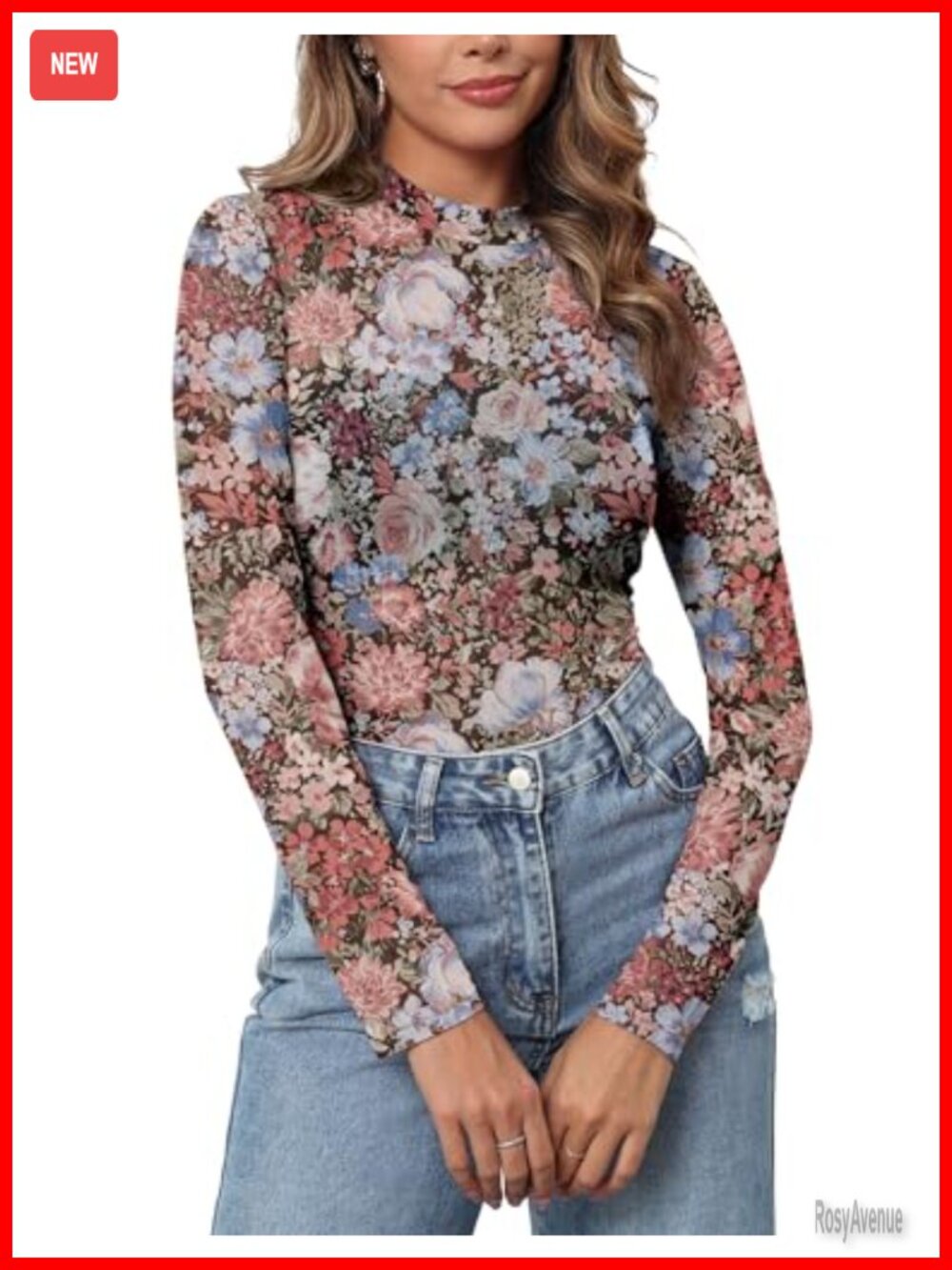 Womens Mesh Floral Long Sleeve Sheer Blouse Mock Neck Lace Layering Top